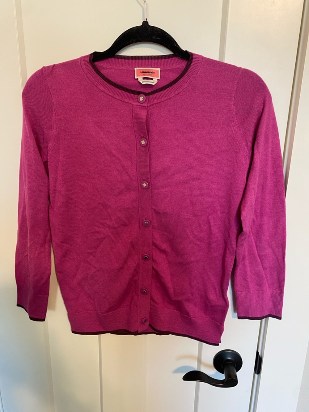 kate spade Magenta Crewneck Button-Front Cardigan with Contrast Trim